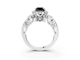 White gold Fancy Black Cushion Cut Halo Diamond Ring with Milgrain and Bezel Accents on a Split Shank Band_27