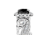 White gold Fancy Black Cushion Cut Halo Diamond Ring with Milgrain and Bezel Accents on a Split Shank Band_29