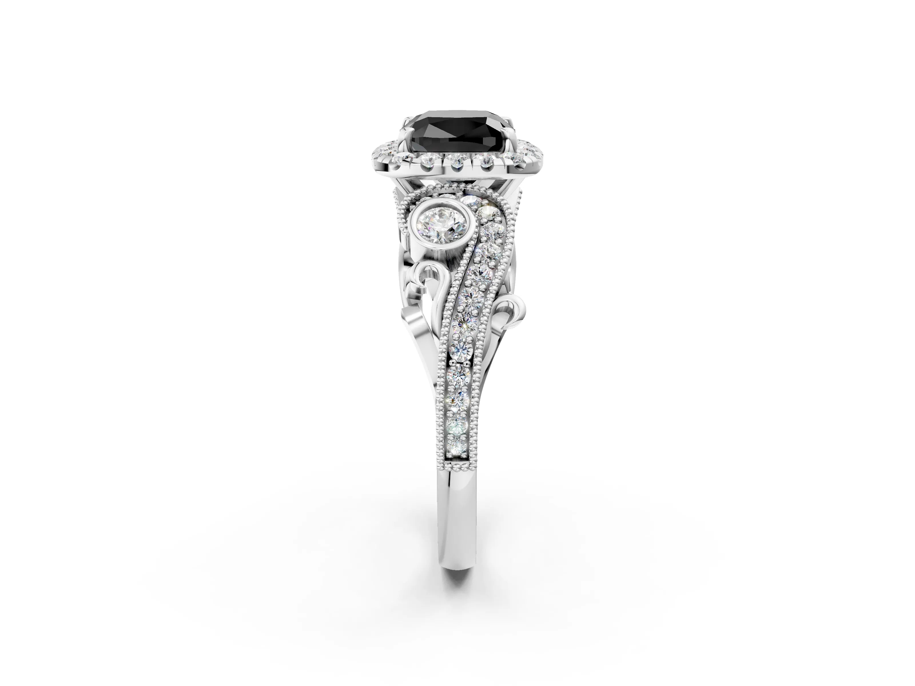 White gold Fancy Black Cushion Cut Halo Diamond Ring with Milgrain and Bezel Accents on a Split Shank Band_2