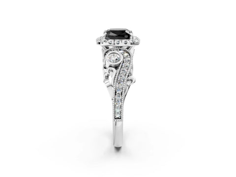 White gold Fancy Black Cushion Cut Halo Diamond Ring with Milgrain and Bezel Accents on a Split Shank Band_2