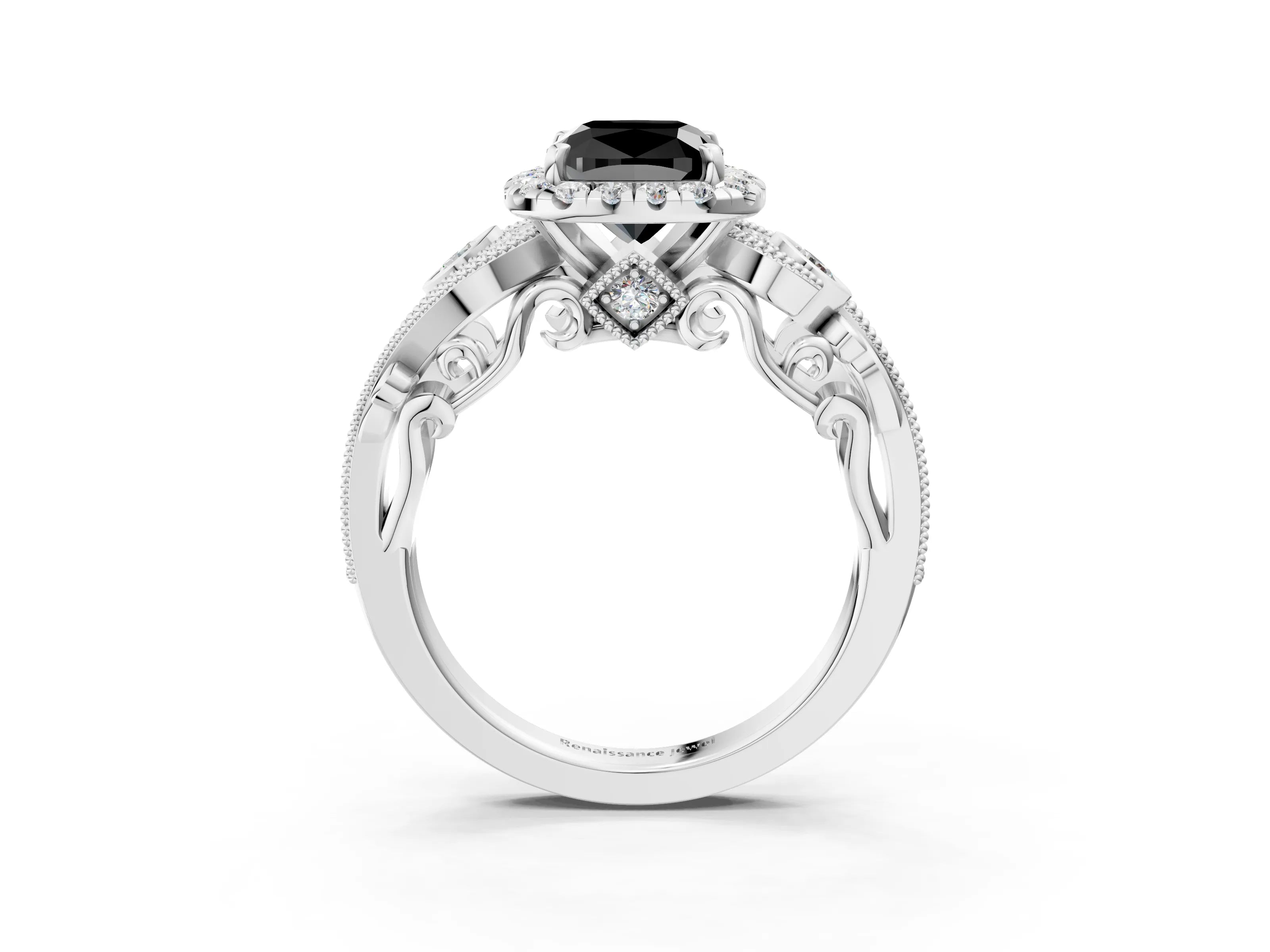 White gold Fancy Black Cushion Cut Halo Diamond Ring with Milgrain and Bezel Accents on a Split Shank Band_3