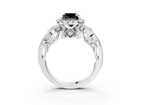 White gold Fancy Black Cushion Cut Halo Diamond Ring with Milgrain and Bezel Accents on a Split Shank Band_3