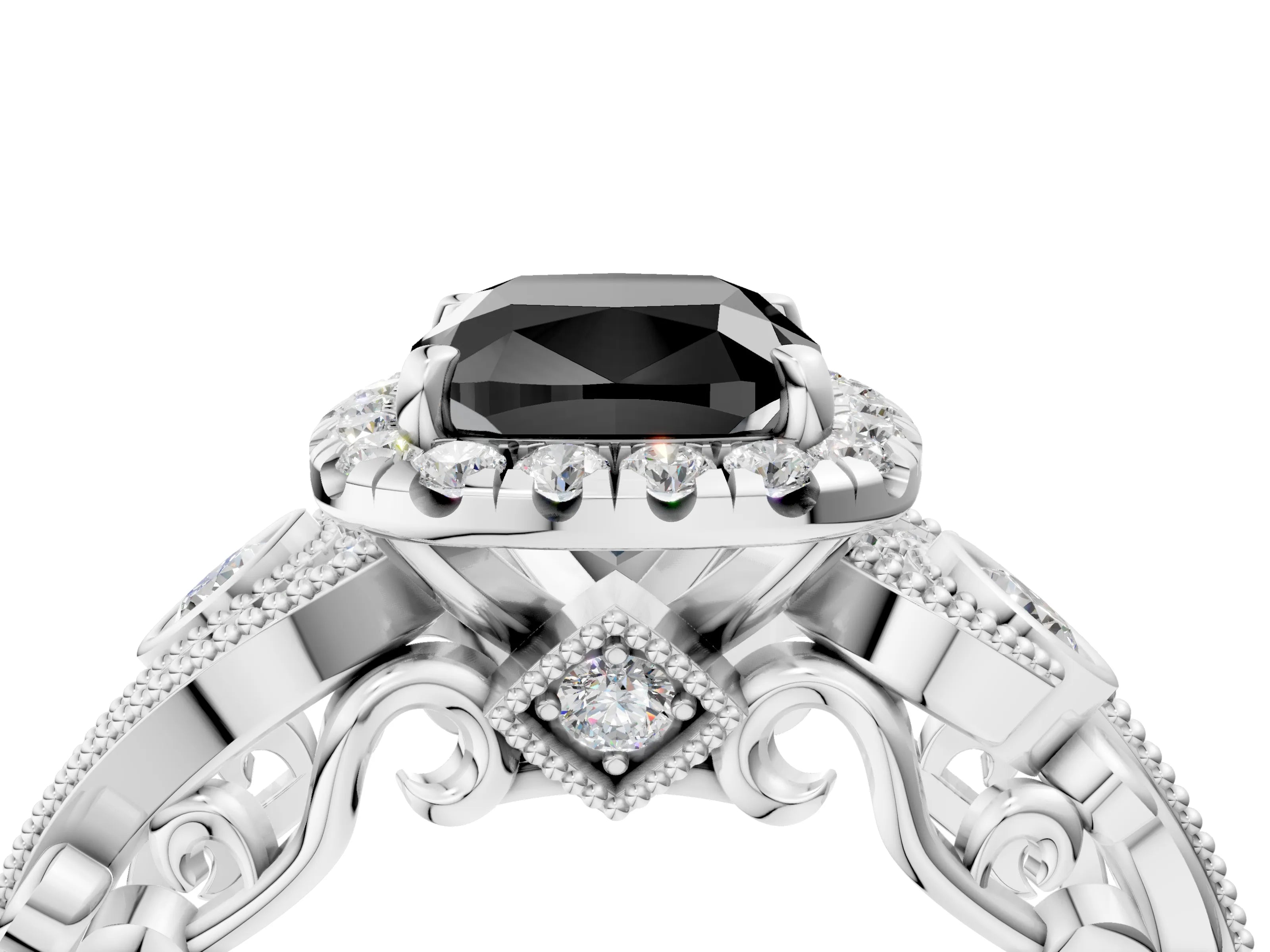 White gold Fancy Black Cushion Cut Halo Diamond Ring with Milgrain and Bezel Accents on a Split Shank Band_4