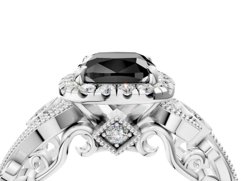 White gold Fancy Black Cushion Cut Halo Diamond Ring with Milgrain and Bezel Accents on a Split Shank Band_4