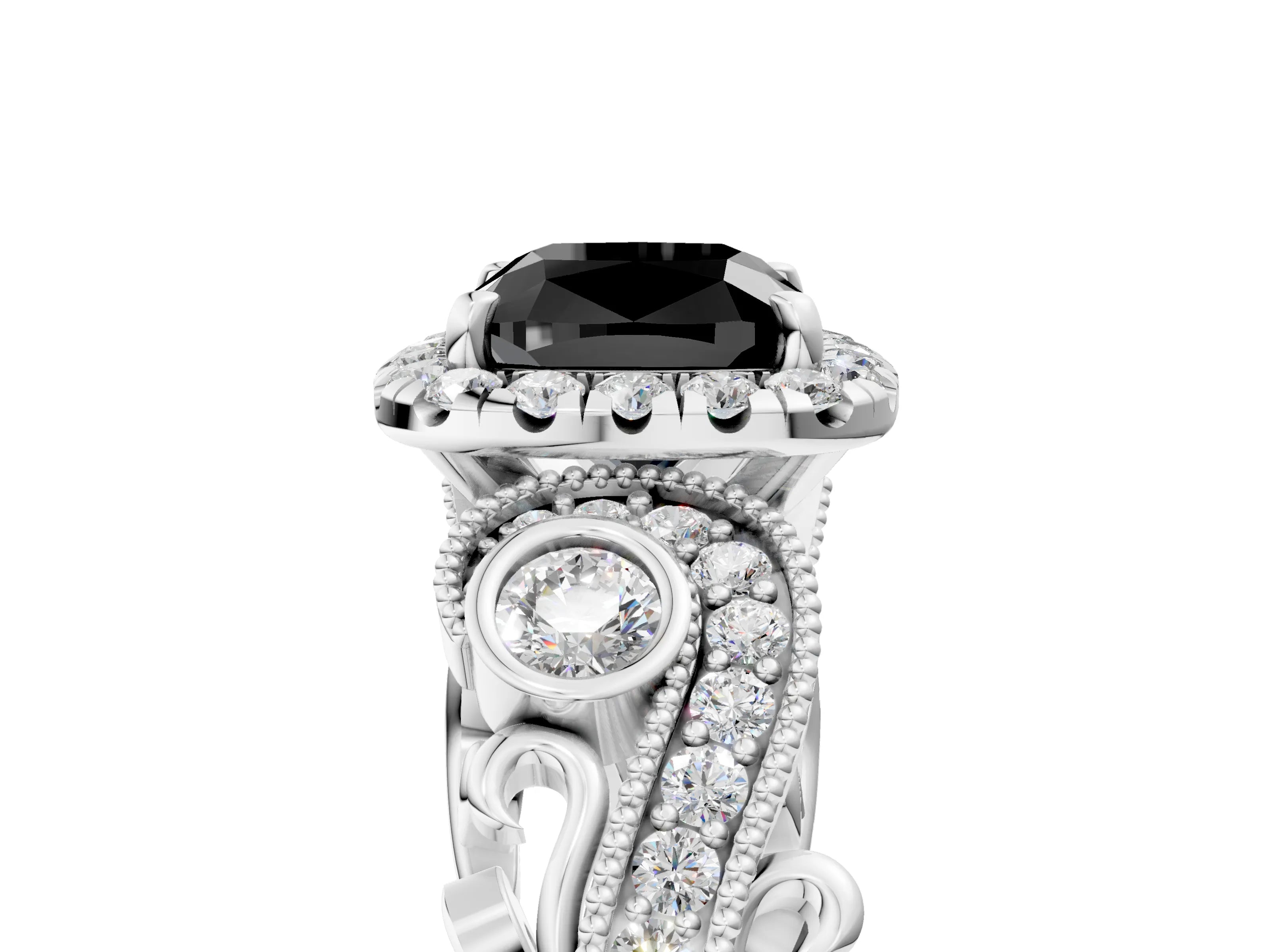 White gold Fancy Black Cushion Cut Halo Diamond Ring with Milgrain and Bezel Accents on a Split Shank Band_5