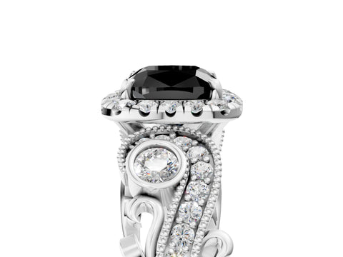 White gold Fancy Black Cushion Cut Halo Diamond Ring with Milgrain and Bezel Accents on a Split Shank Band_5