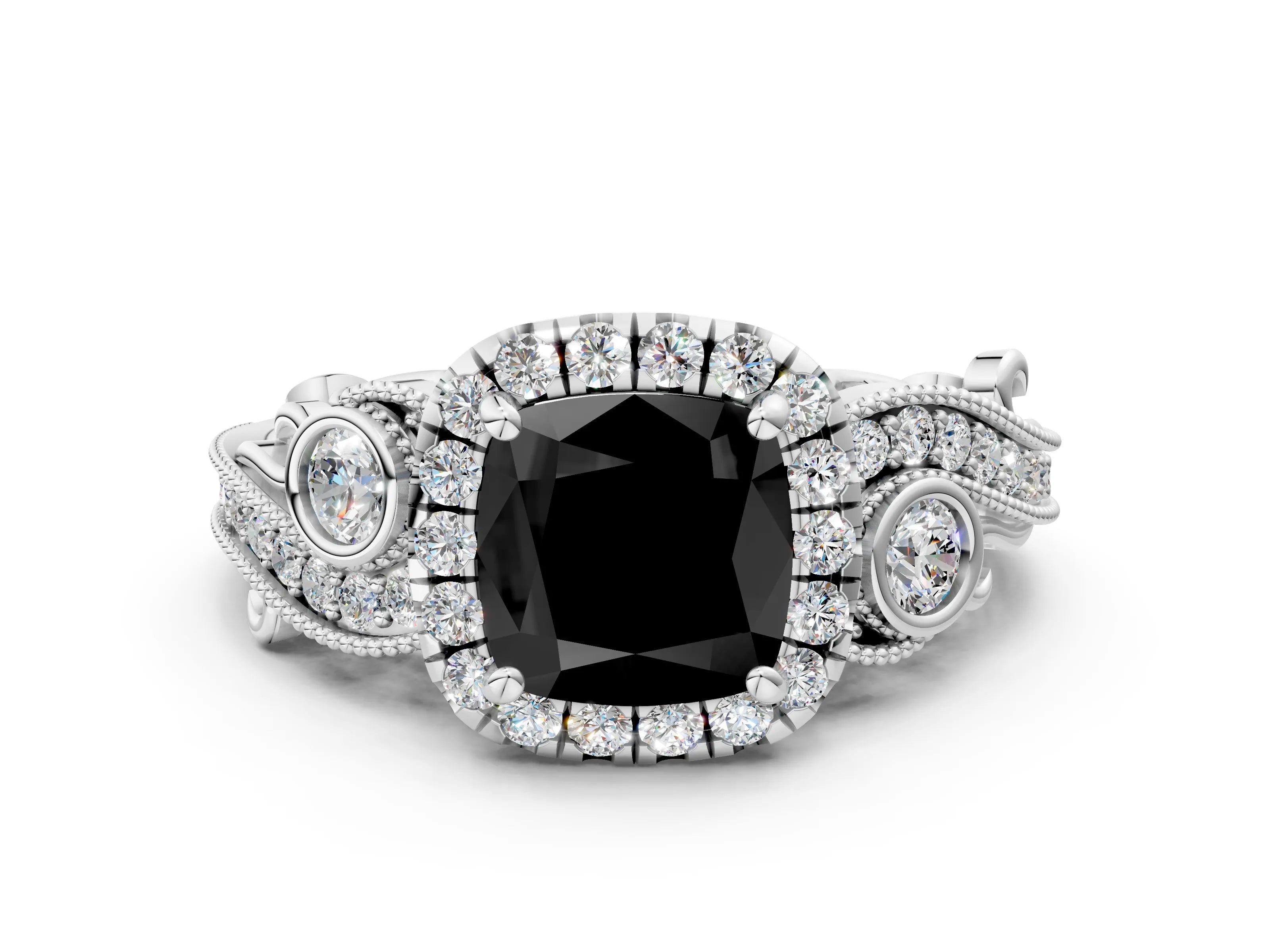 White gold Fancy Black Cushion Cut Halo Diamond Ring with Milgrain and Bezel Accents on a Split Shank Band