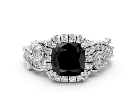 White gold Fancy Black Cushion Cut Halo Diamond Ring with Milgrain and Bezel Accents on a Split Shank Band