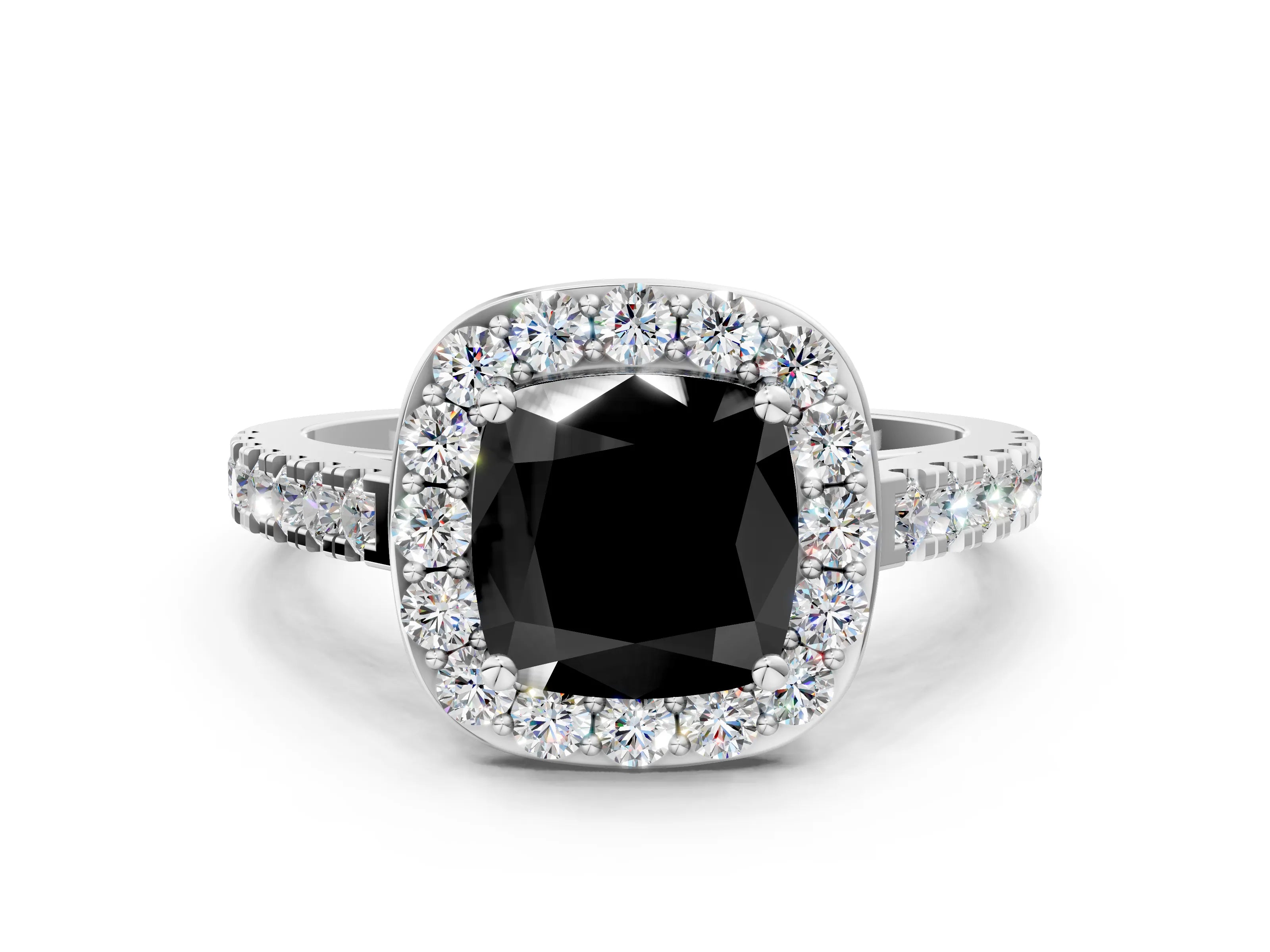 White gold Fancy Black Cushion Cut Halo Diamond Ring with Pavé Band and Three-Prong Setting