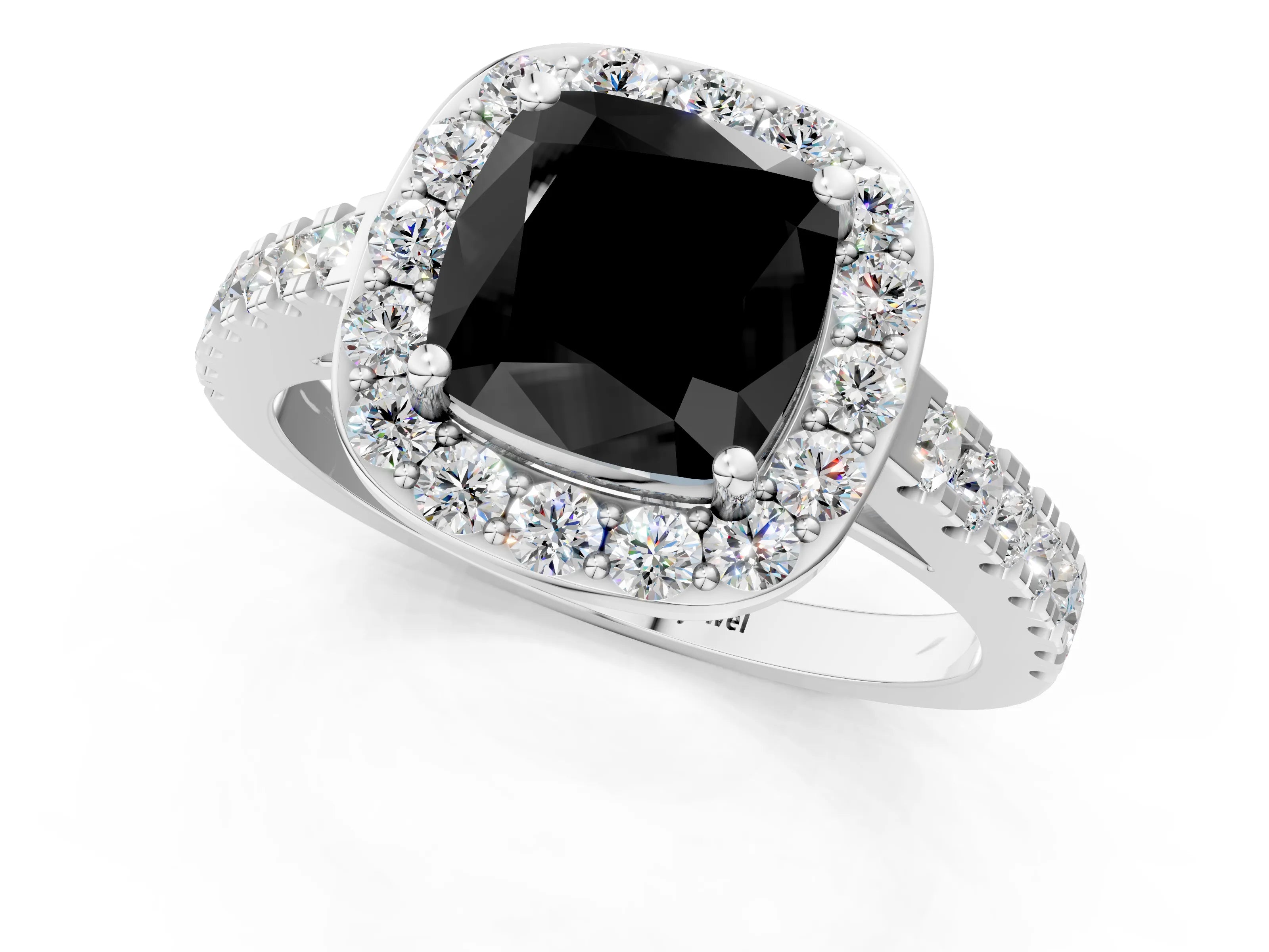 White gold Fancy Black Cushion Cut Halo Diamond Ring with Pavé Band and Three-Prong Setting_1