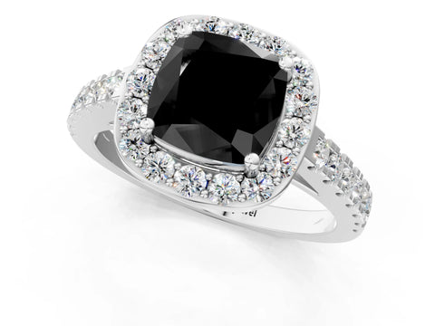 White gold Fancy Black Cushion Cut Halo Diamond Ring with Pavé Band and Three-Prong Setting_1