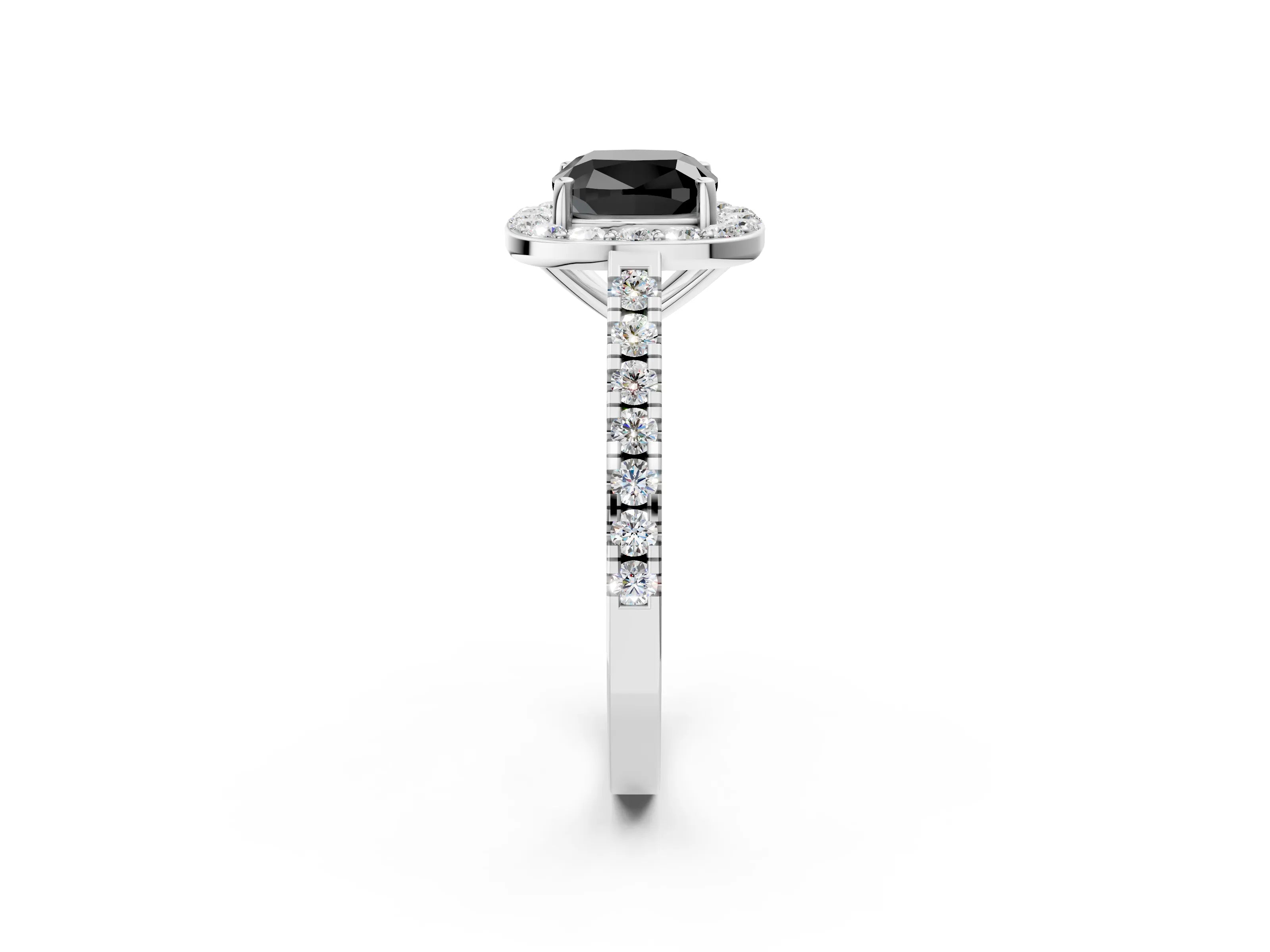 White gold Fancy Black Cushion Cut Halo Diamond Ring with Pavé Band and Three-Prong Setting_2