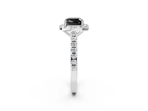 White gold Fancy Black Cushion Cut Halo Diamond Ring with Pavé Band and Three-Prong Setting_2