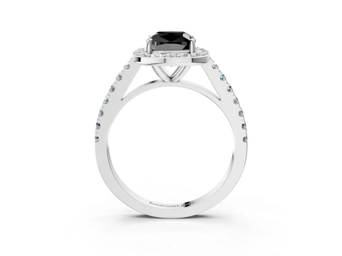 White gold Fancy Black Cushion Cut Halo Diamond Ring with Pavé Band and Three-Prong Setting_3