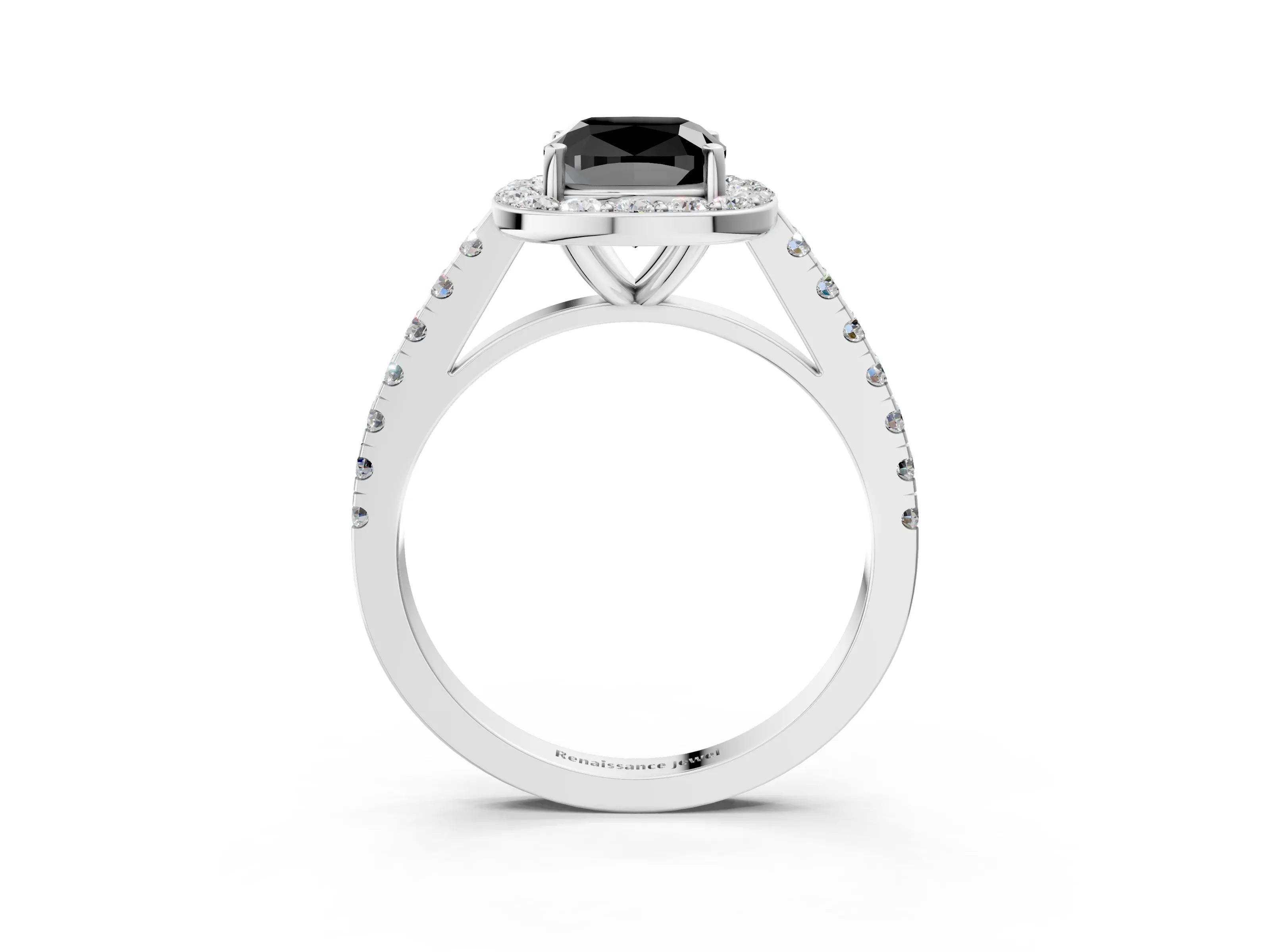 White gold Fancy Black Cushion Cut Halo Diamond Ring with Pavé Band and Three-Prong Setting_3