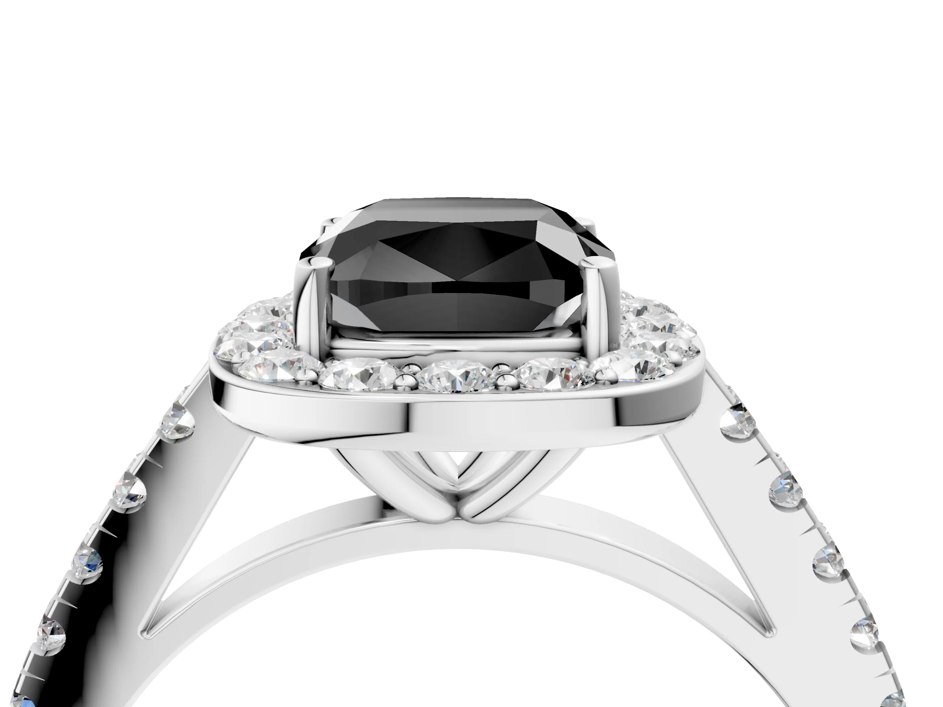 White gold Fancy Black Cushion Cut Halo Diamond Ring with Pavé Band and Three-Prong Setting_4