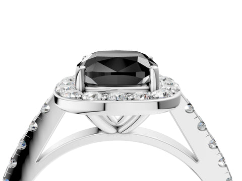 White gold Fancy Black Cushion Cut Halo Diamond Ring with Pavé Band and Three-Prong Setting_4
