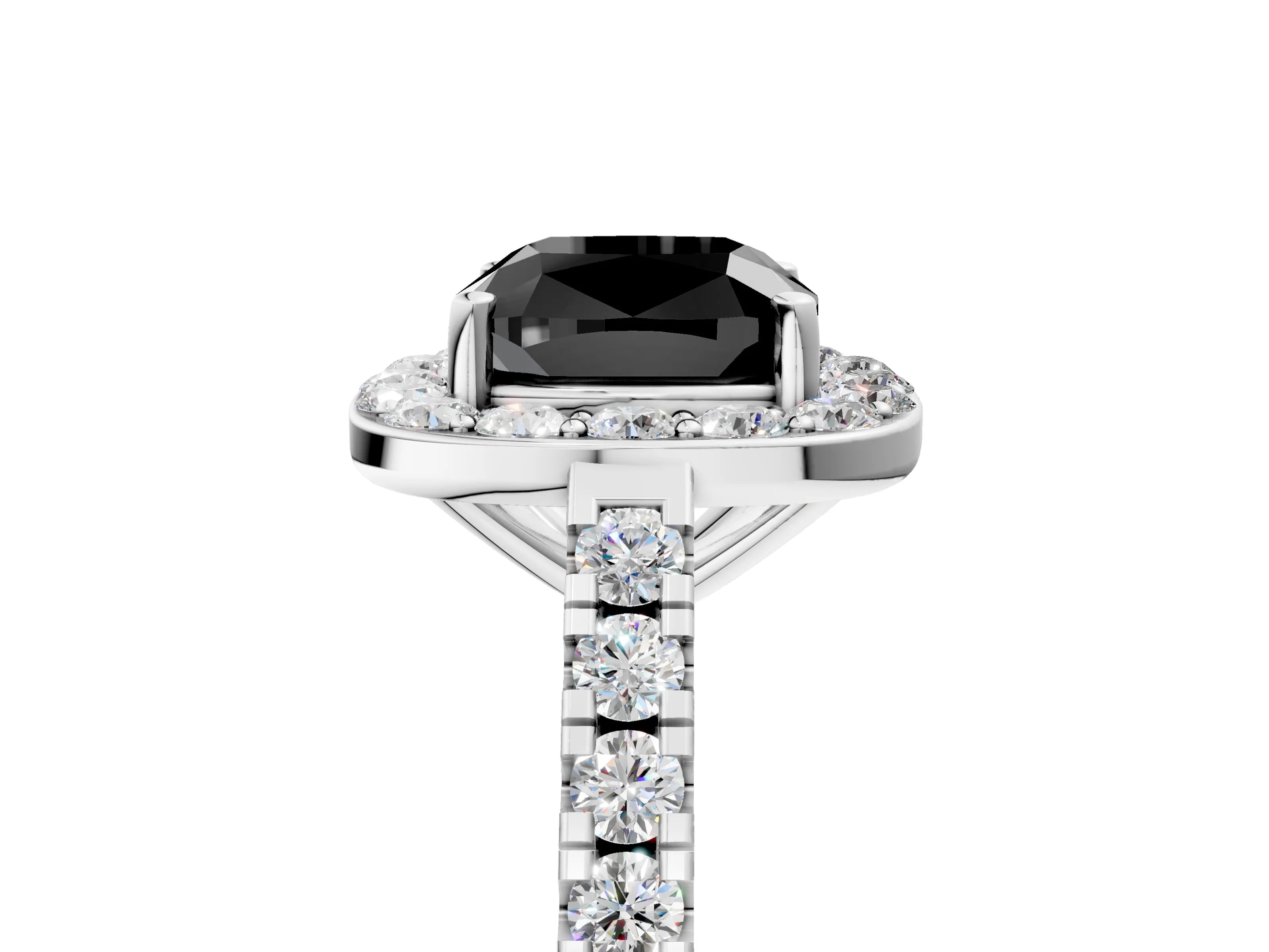 White gold Fancy Black Cushion Cut Halo Diamond Ring with Pavé Band and Three-Prong Setting_5