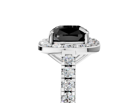 White gold Fancy Black Cushion Cut Halo Diamond Ring with Pavé Band and Three-Prong Setting_5