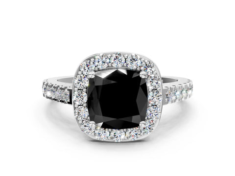 White gold Fancy Black Cushion Cut Halo Diamond Ring with Pavé Band and Three-Prong Setting
