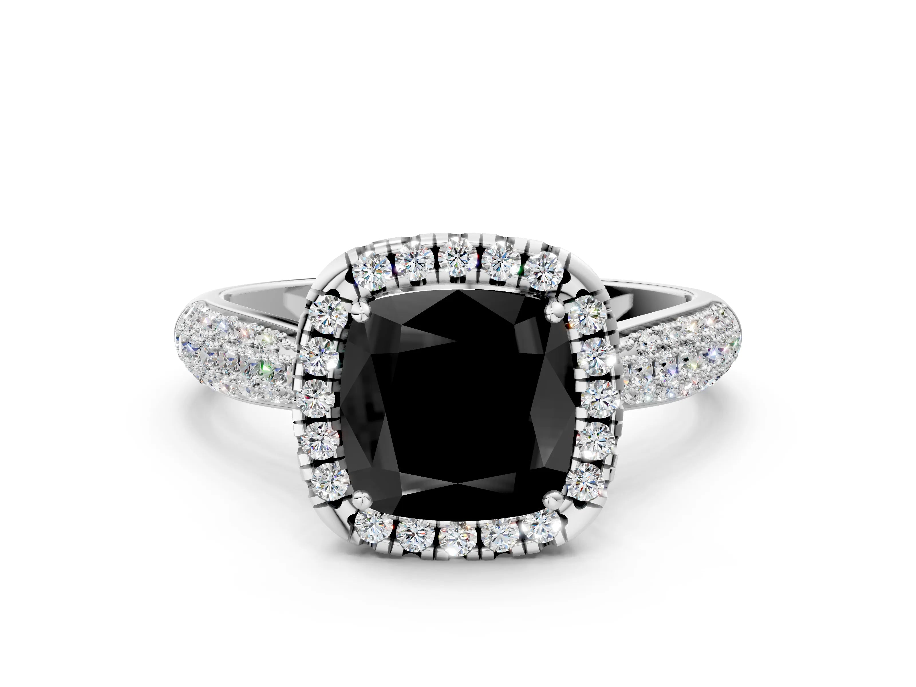 White gold Fancy Black Cushion Cut Halo Diamond Ring with Pavé Band_12