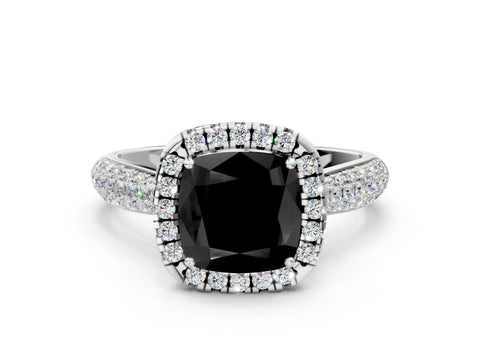 White gold Fancy Black Cushion Cut Halo Diamond Ring with Pavé Band_12