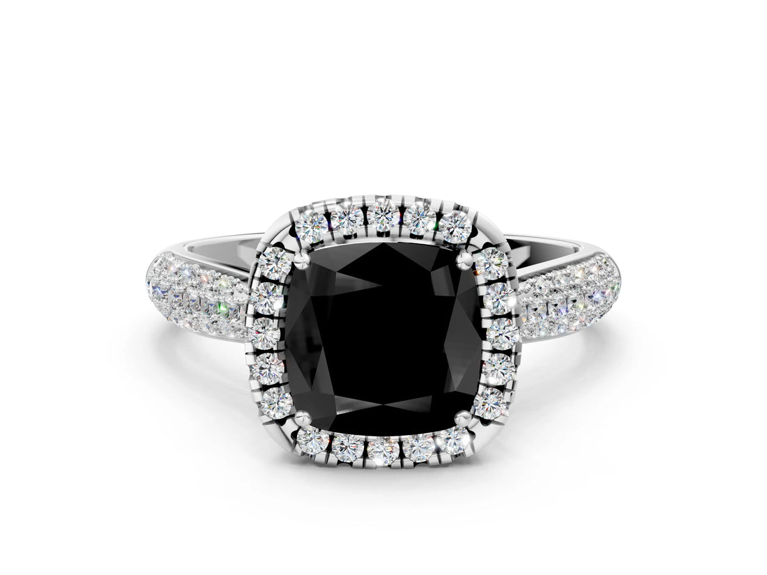 White gold Fancy Black Cushion Cut Halo Diamond Ring with Pavé Band_12