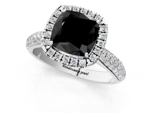 White gold Fancy Black Cushion Cut Halo Diamond Ring with Pavé Band_13
