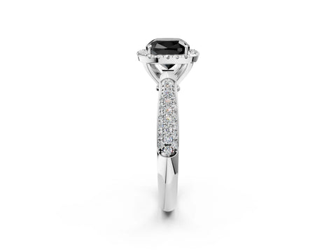 White gold Fancy Black Cushion Cut Halo Diamond Ring with Pavé Band_14
