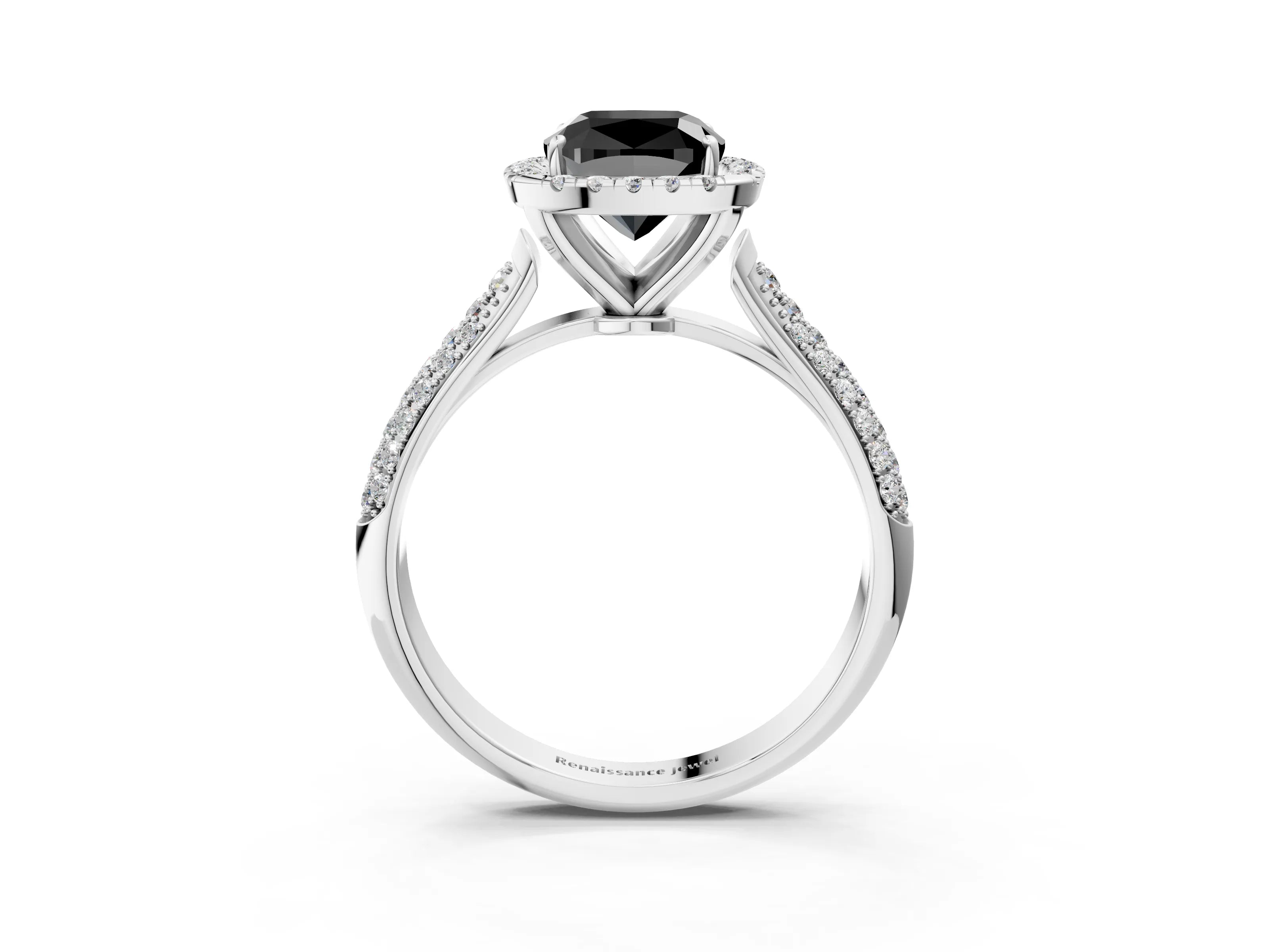 White gold Fancy Black Cushion Cut Halo Diamond Ring with Pavé Band_15