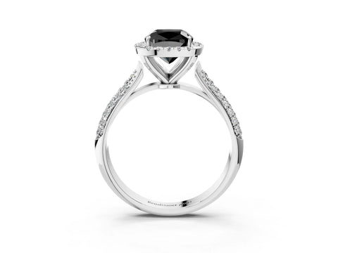 White gold Fancy Black Cushion Cut Halo Diamond Ring with Pavé Band_15