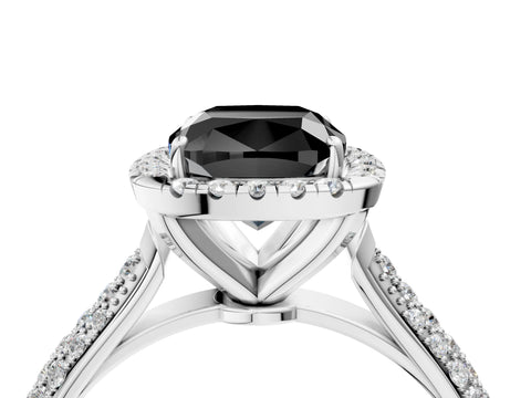 White gold Fancy Black Cushion Cut Halo Diamond Ring with Pavé Band_16