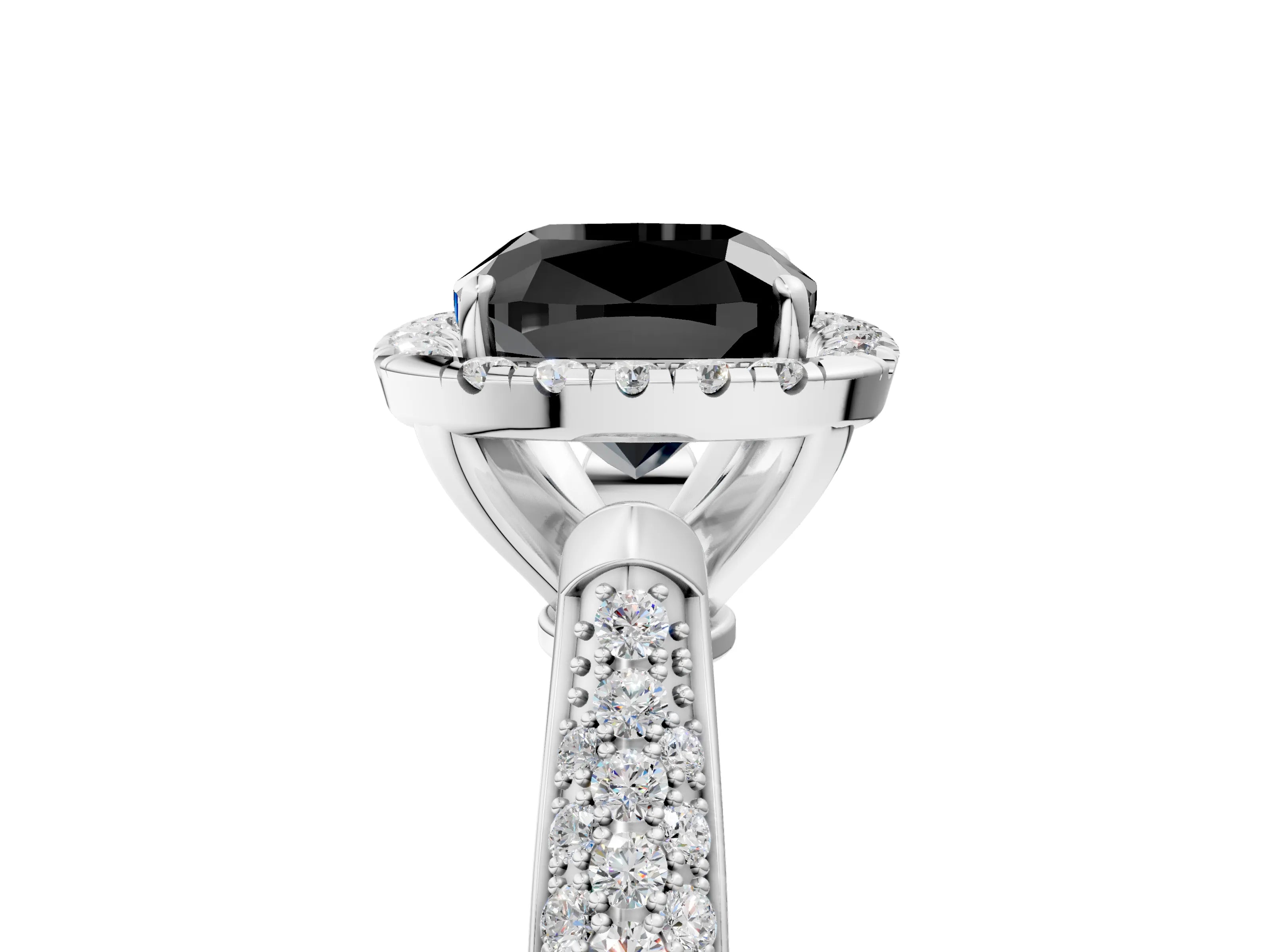 White gold Fancy Black Cushion Cut Halo Diamond Ring with Pavé Band_17