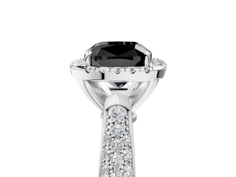White gold Fancy Black Cushion Cut Halo Diamond Ring with Pavé Band_17