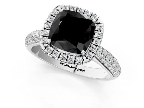 White gold Fancy Black Cushion Cut Halo Diamond Ring with Pavé Band_1