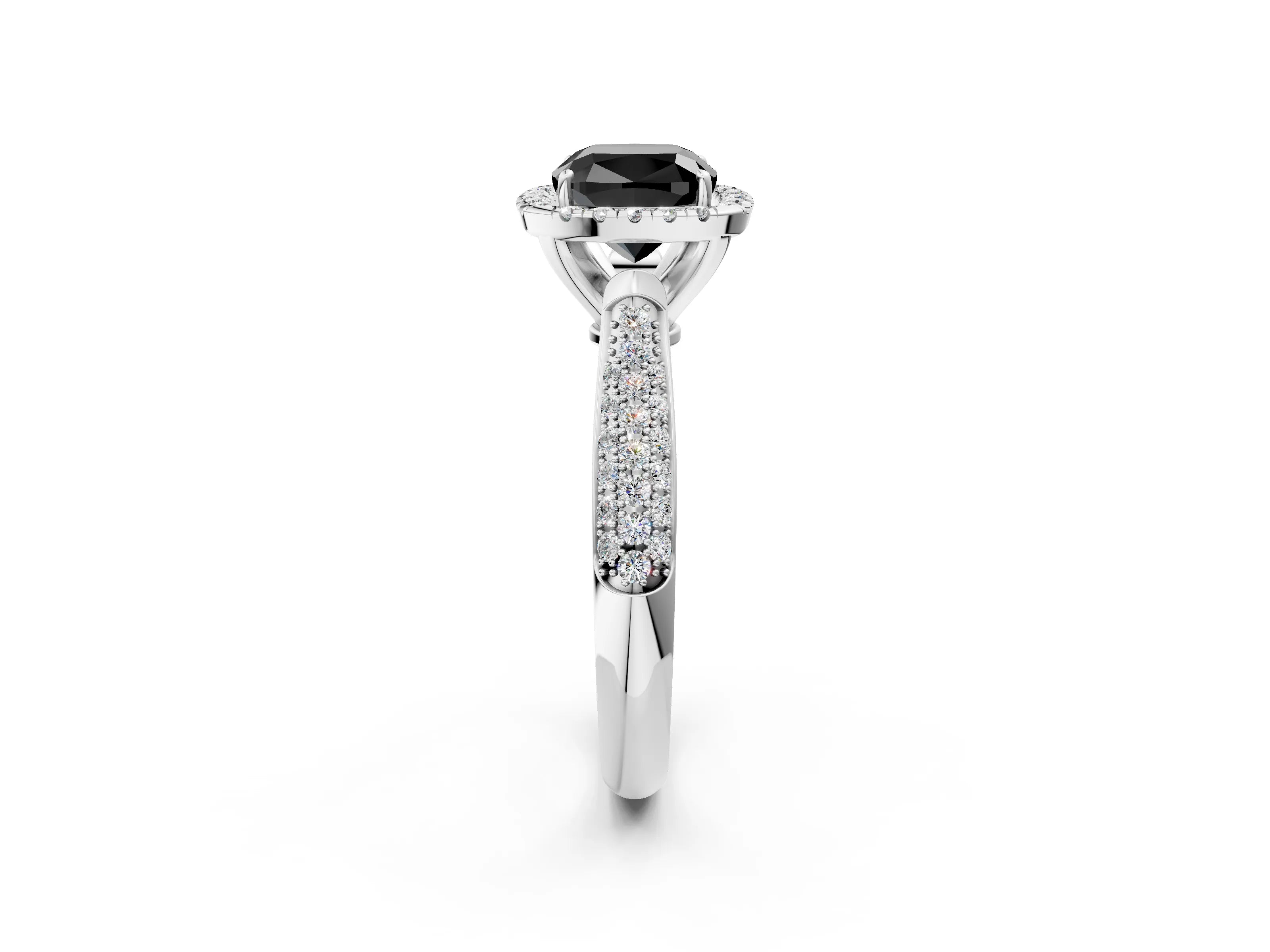 White gold Fancy Black Cushion Cut Halo Diamond Ring with Pavé Band_2