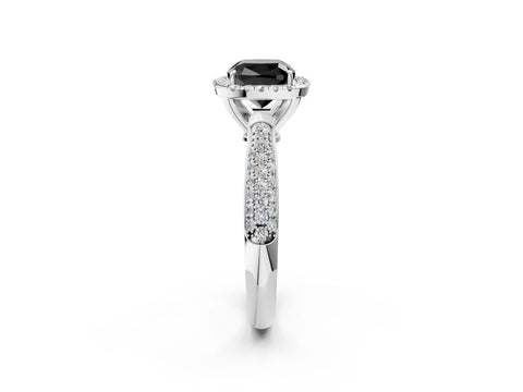 White gold Fancy Black Cushion Cut Halo Diamond Ring with Pavé Band_2