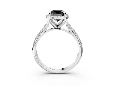 White gold Fancy Black Cushion Cut Halo Diamond Ring with Pavé Band_3
