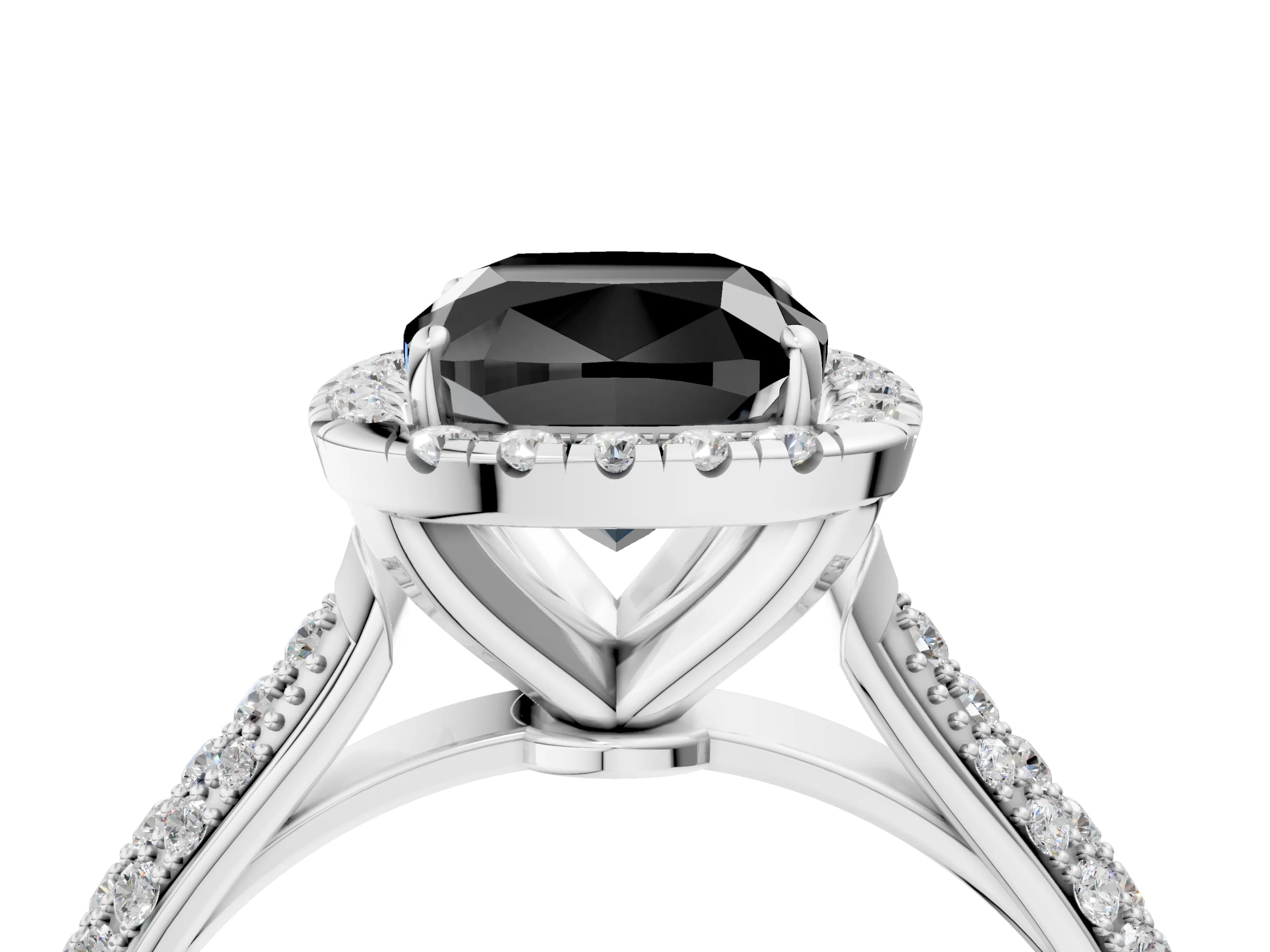 White gold Fancy Black Cushion Cut Halo Diamond Ring with Pavé Band_4