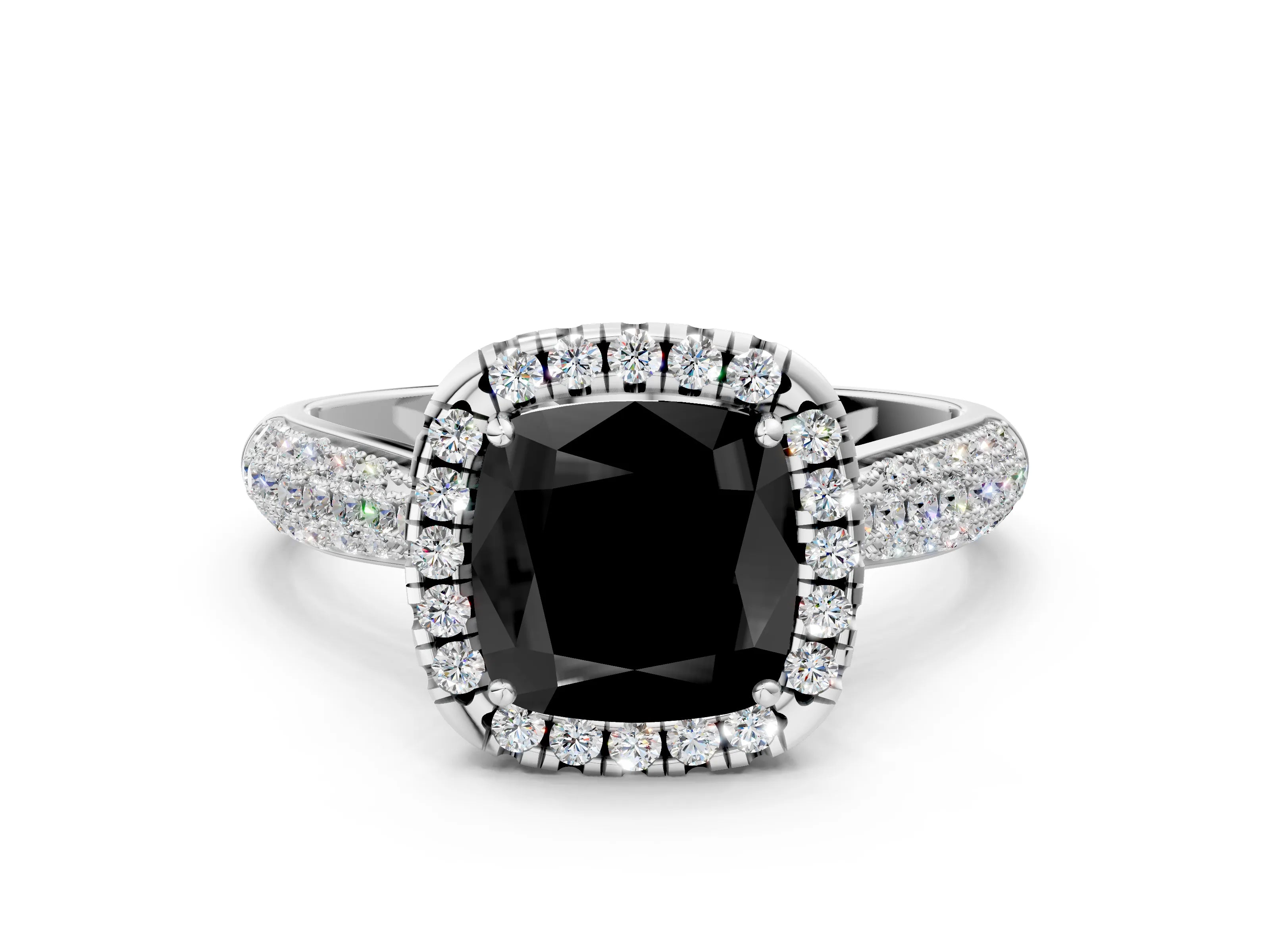 White gold Fancy Black Cushion Cut Halo Diamond Ring with Pavé Band