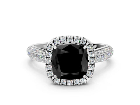 White gold Fancy Black Cushion Cut Halo Diamond Ring with Pavé Band