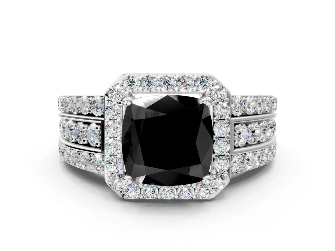 White gold Fancy Black Cushion Cut Halo Diamond Ring with Round  Split Shank and Prong Setting_48