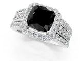 White gold Fancy Black Cushion Cut Halo Diamond Ring with Round  Split Shank and Prong Setting_49