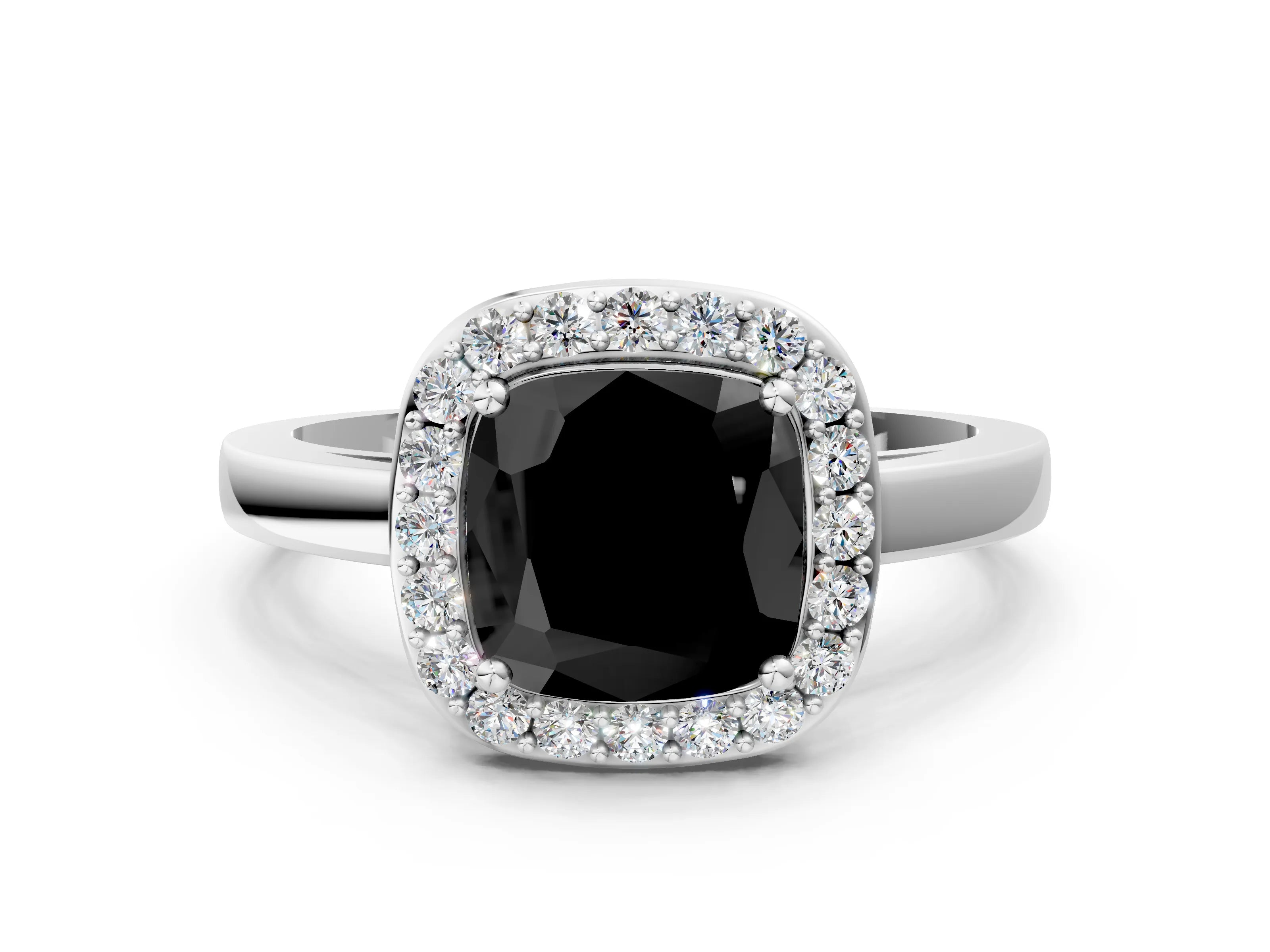 White gold Fancy Black Cushion Cut Halo Diamond Ring with Solitaire Band and Prong Setting