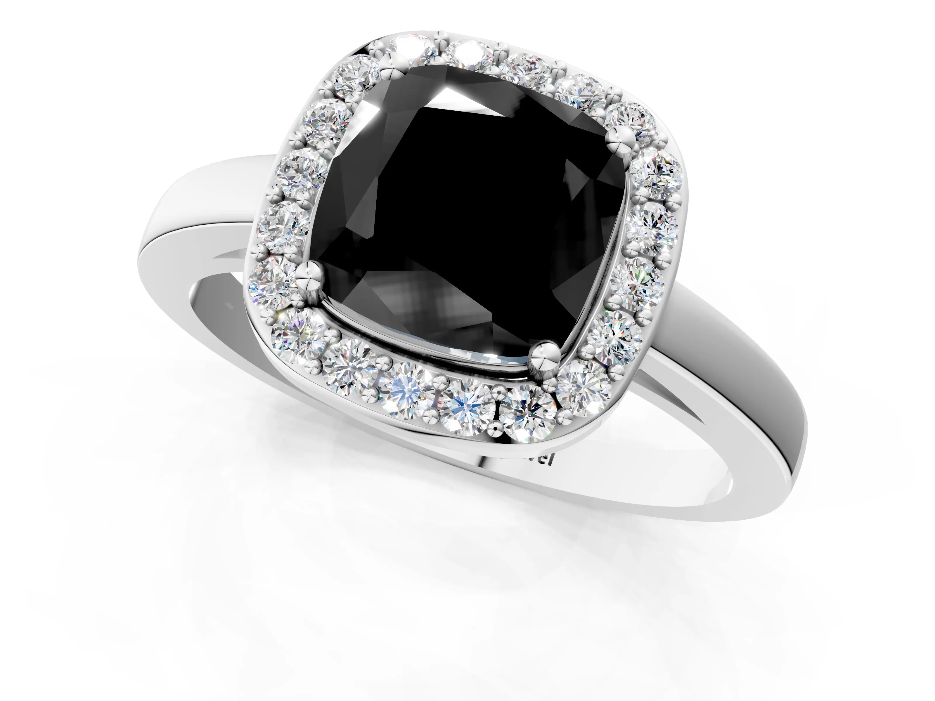White gold Fancy Black Cushion Cut Halo Diamond Ring with Solitaire Band and Prong Setting_1