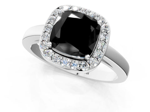 White gold Fancy Black Cushion Cut Halo Diamond Ring with Solitaire Band and Prong Setting_1