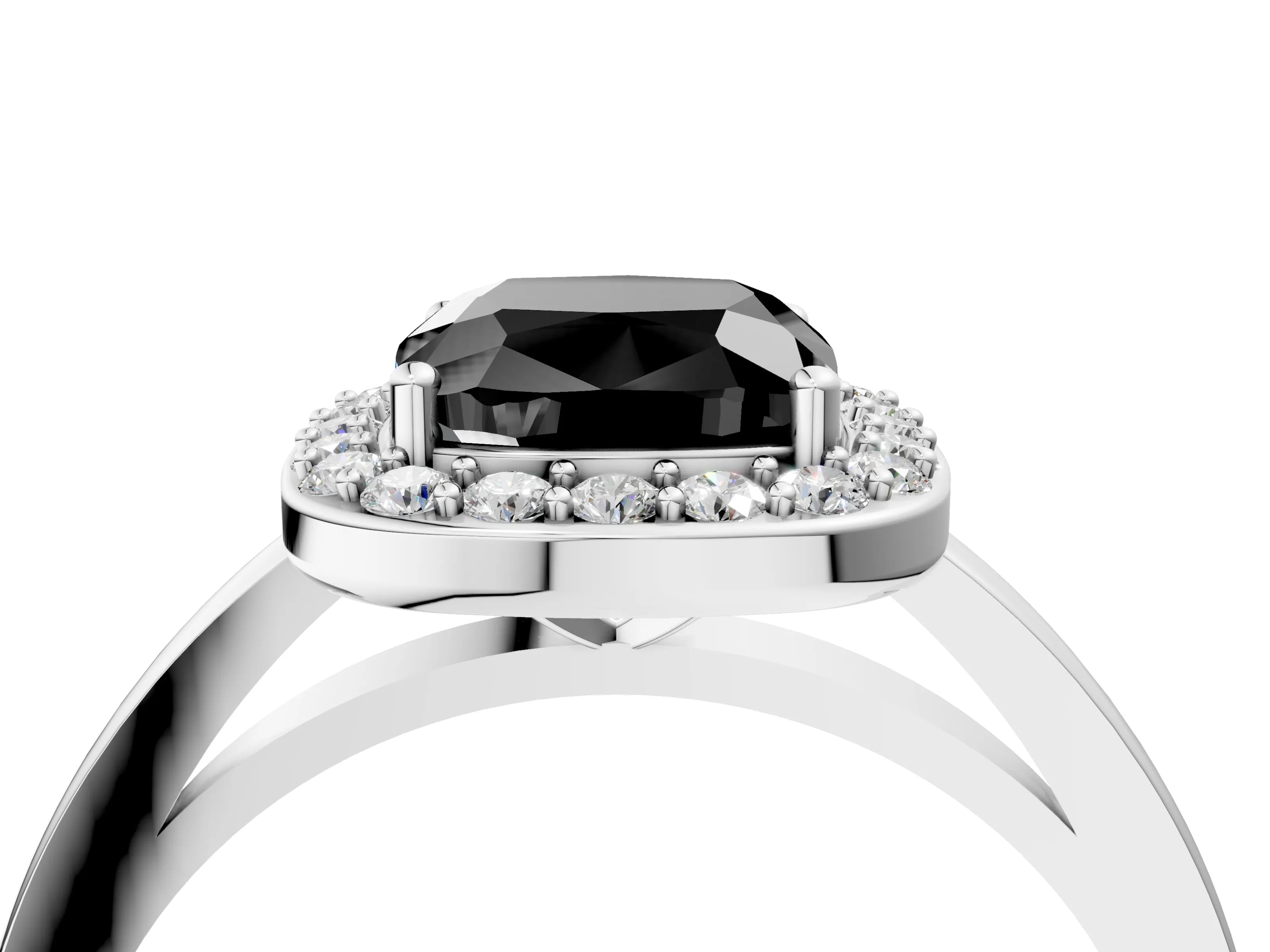 White gold Fancy Black Cushion Cut Halo Diamond Ring with Solitaire Band and Prong Setting_4