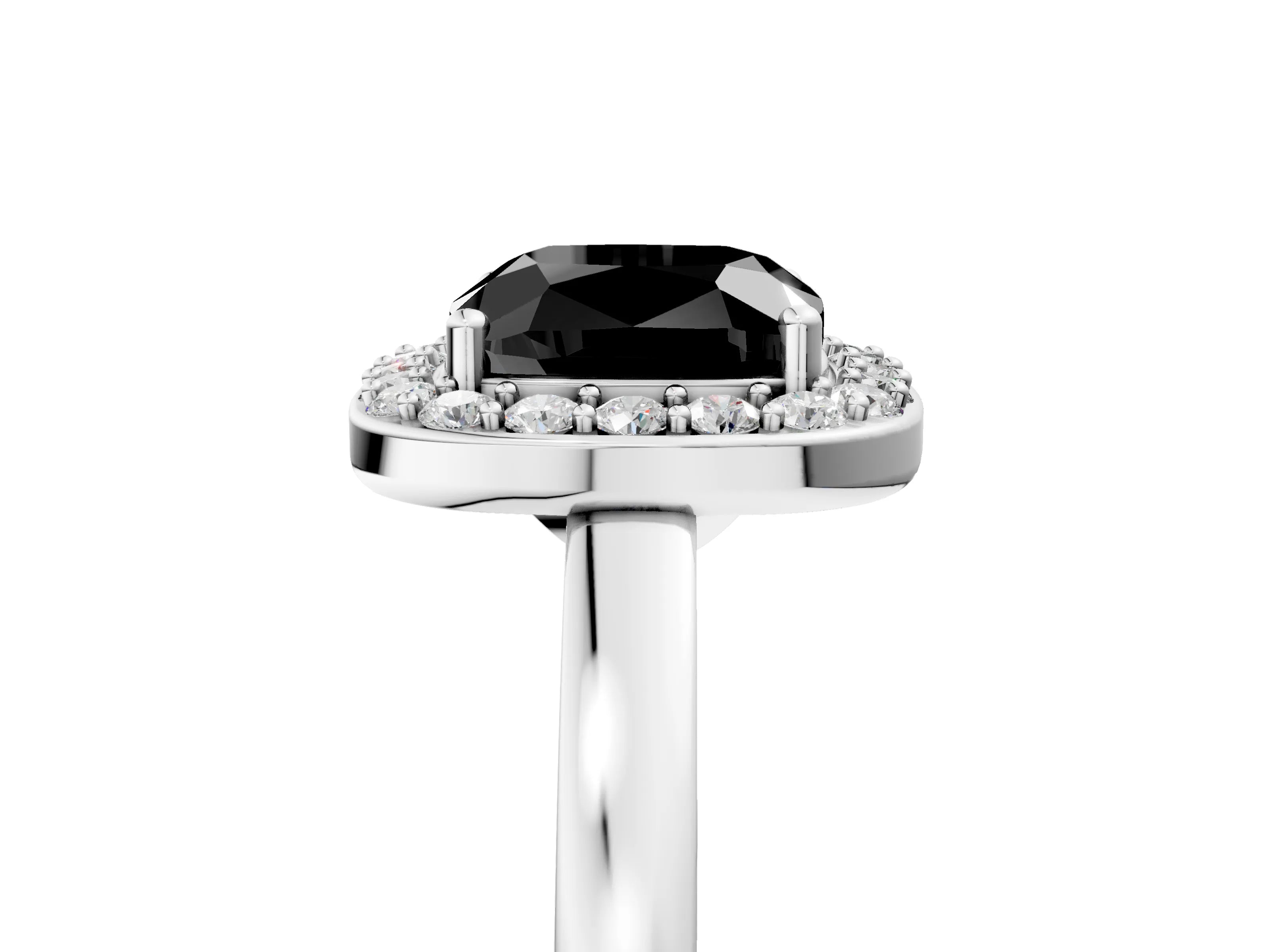 White gold Fancy Black Cushion Cut Halo Diamond Ring with Solitaire Band and Prong Setting_5