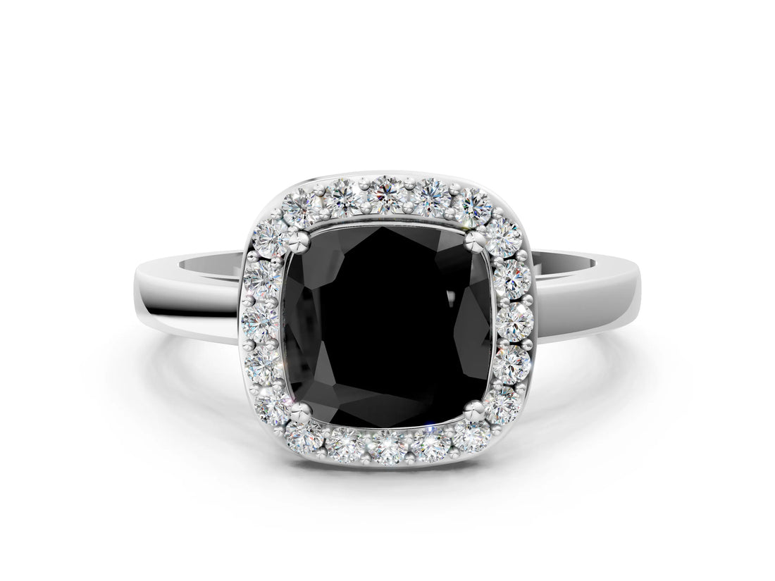 White gold Fancy Black Cushion Cut Halo Diamond Ring with Solitaire Band and Prong Setting