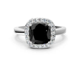 White gold Fancy Black Cushion Cut Halo Diamond Ring with Solitaire Band and Prong Setting